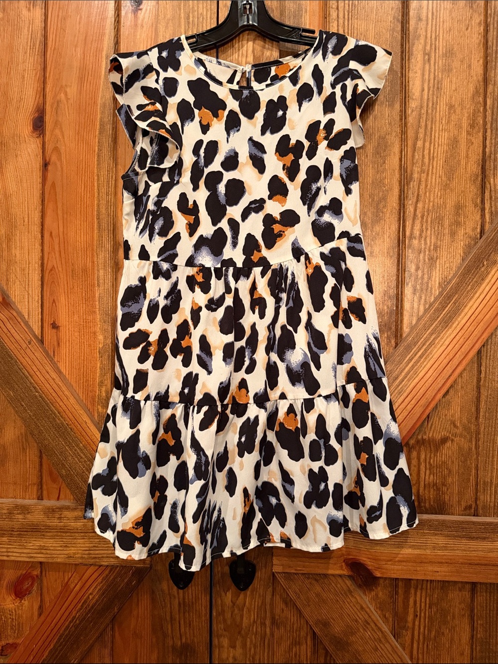 Leopard Print Tiered Dress - Cream with Black & Brown Spots-Size Small